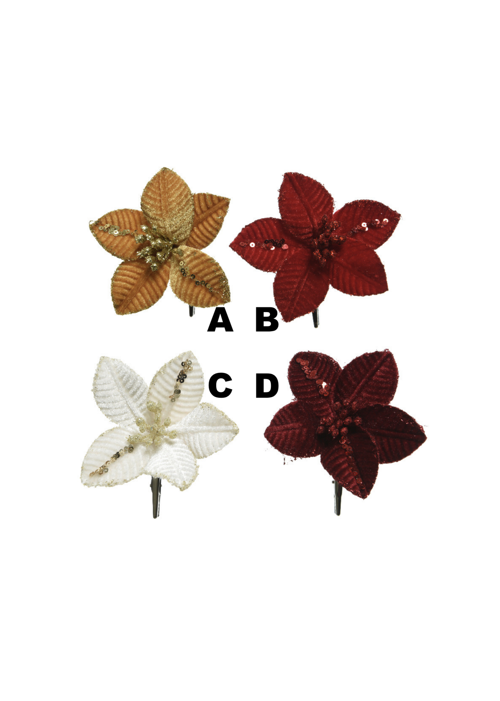 Decoris Poinsettia Clip on, Red, Cream, Gold, Maroon - Price is for one