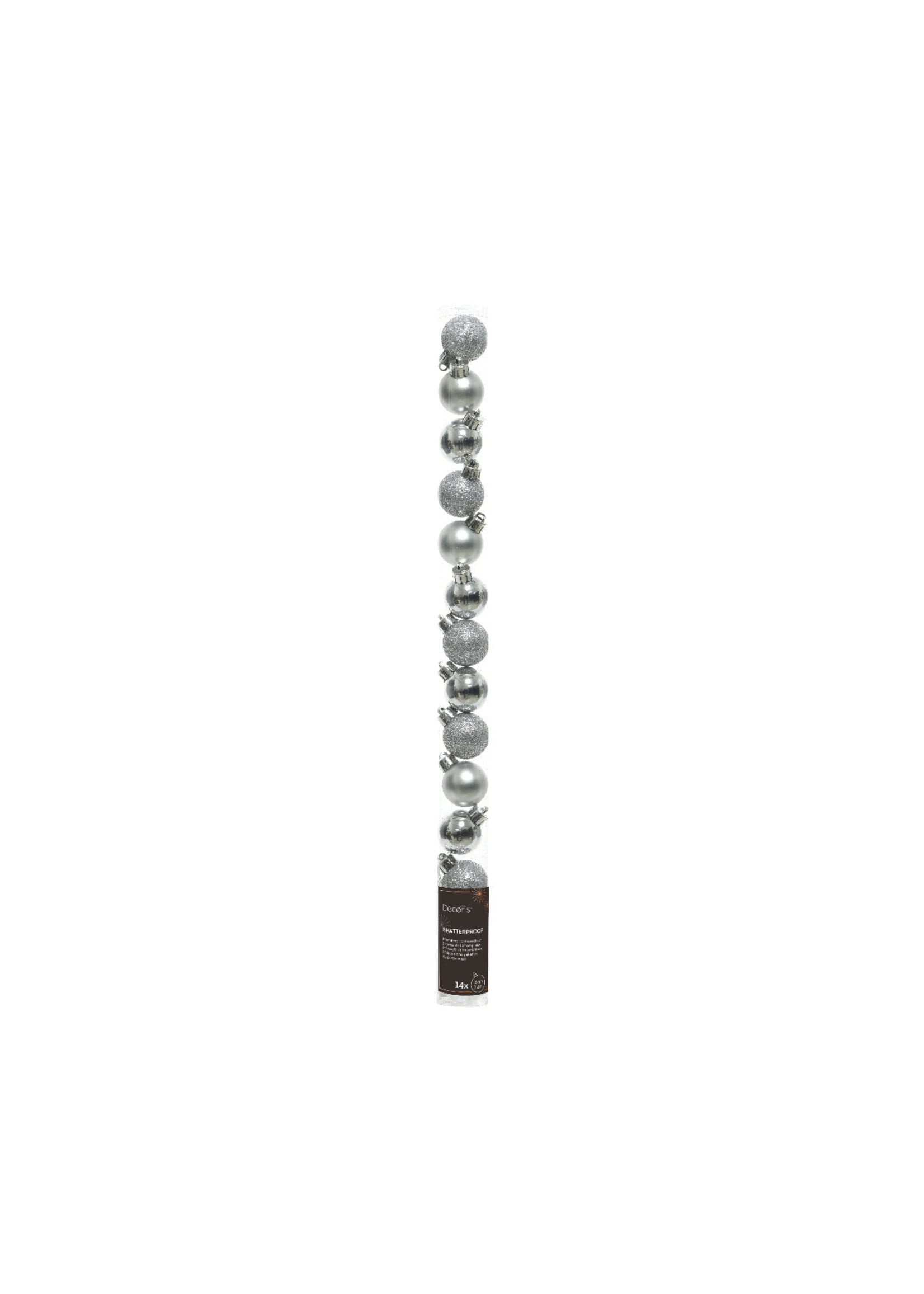 Decoris Silver Mini Shatterproof Baubles  Shiny, Glitter, Matt 14 Pack