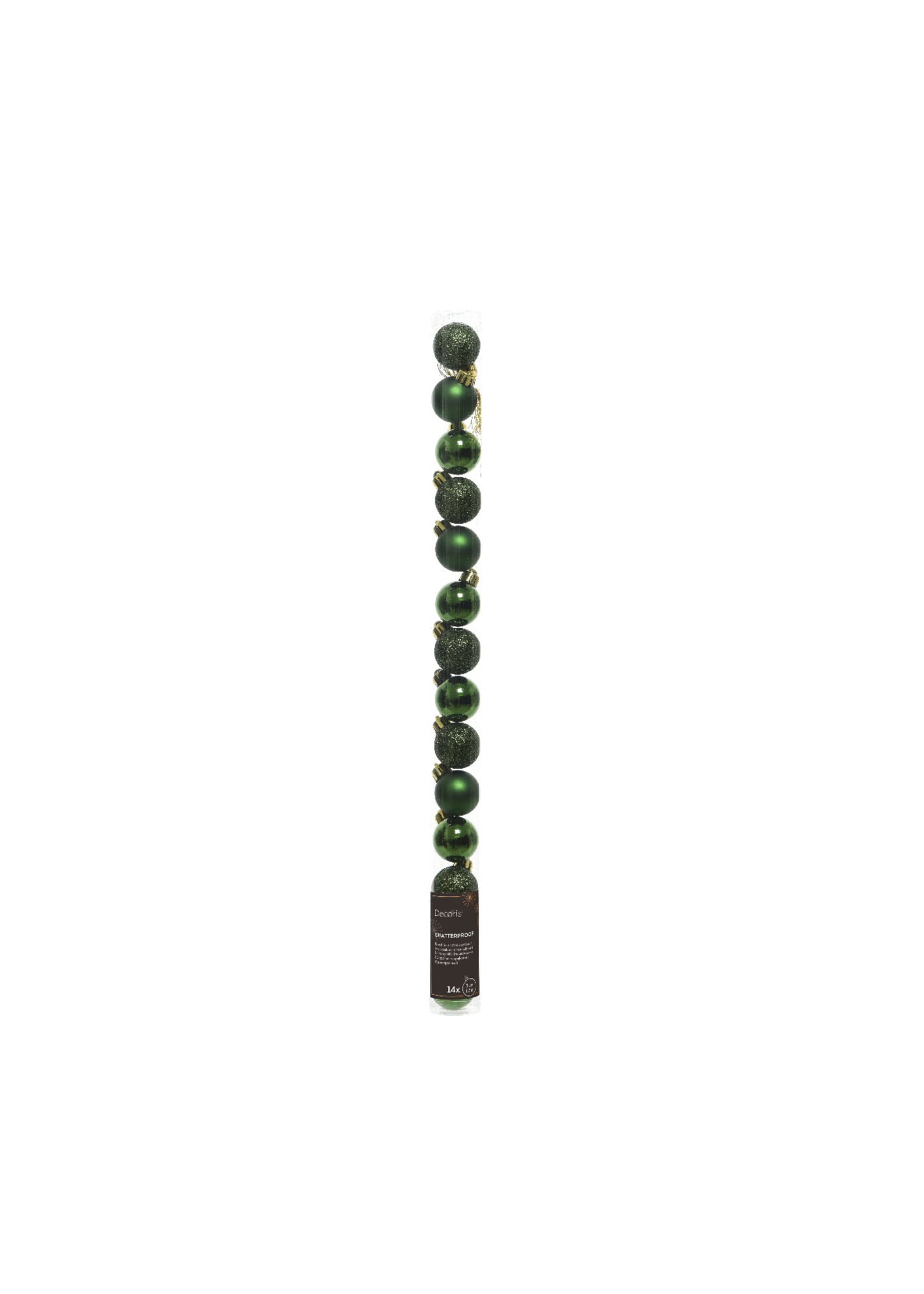 Decoris Pine Green Mini Shatterproof Baubles  Shiny, Glitter, Matt 14 Pack
