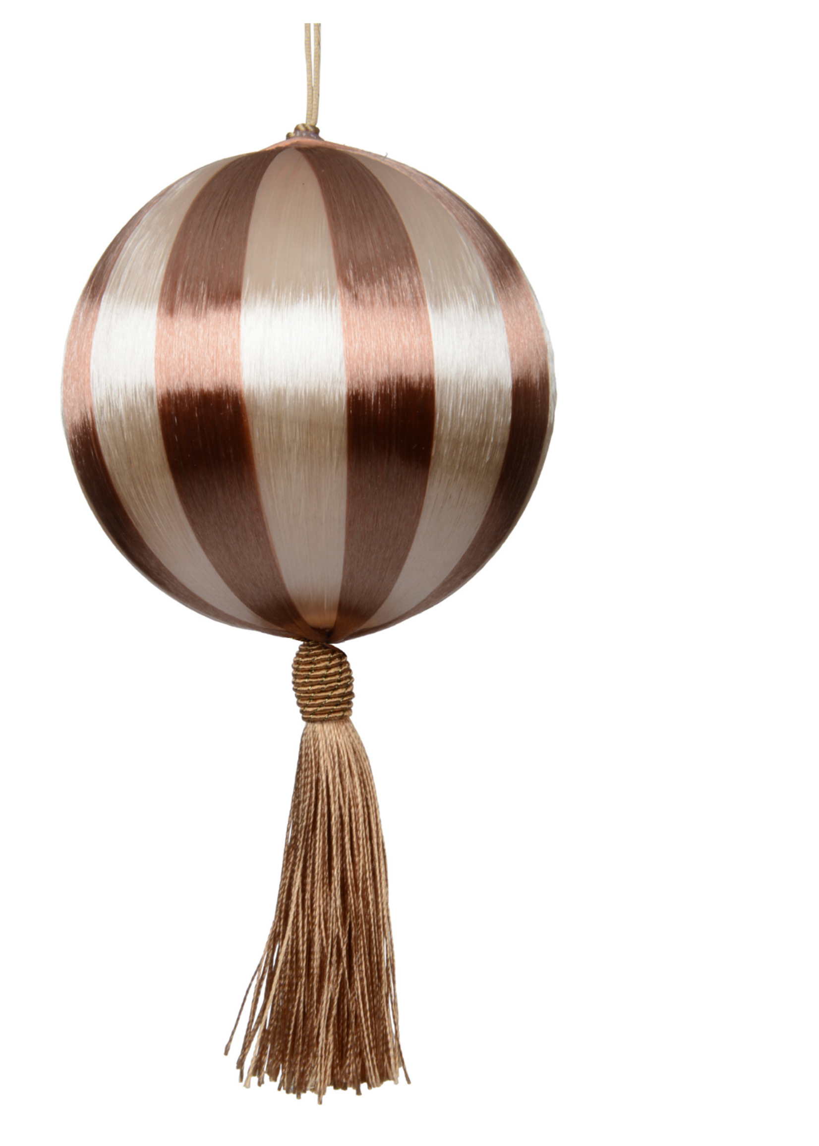 Decoris Brown and Cream Striped Satin String Bauble With Tassel 10cm