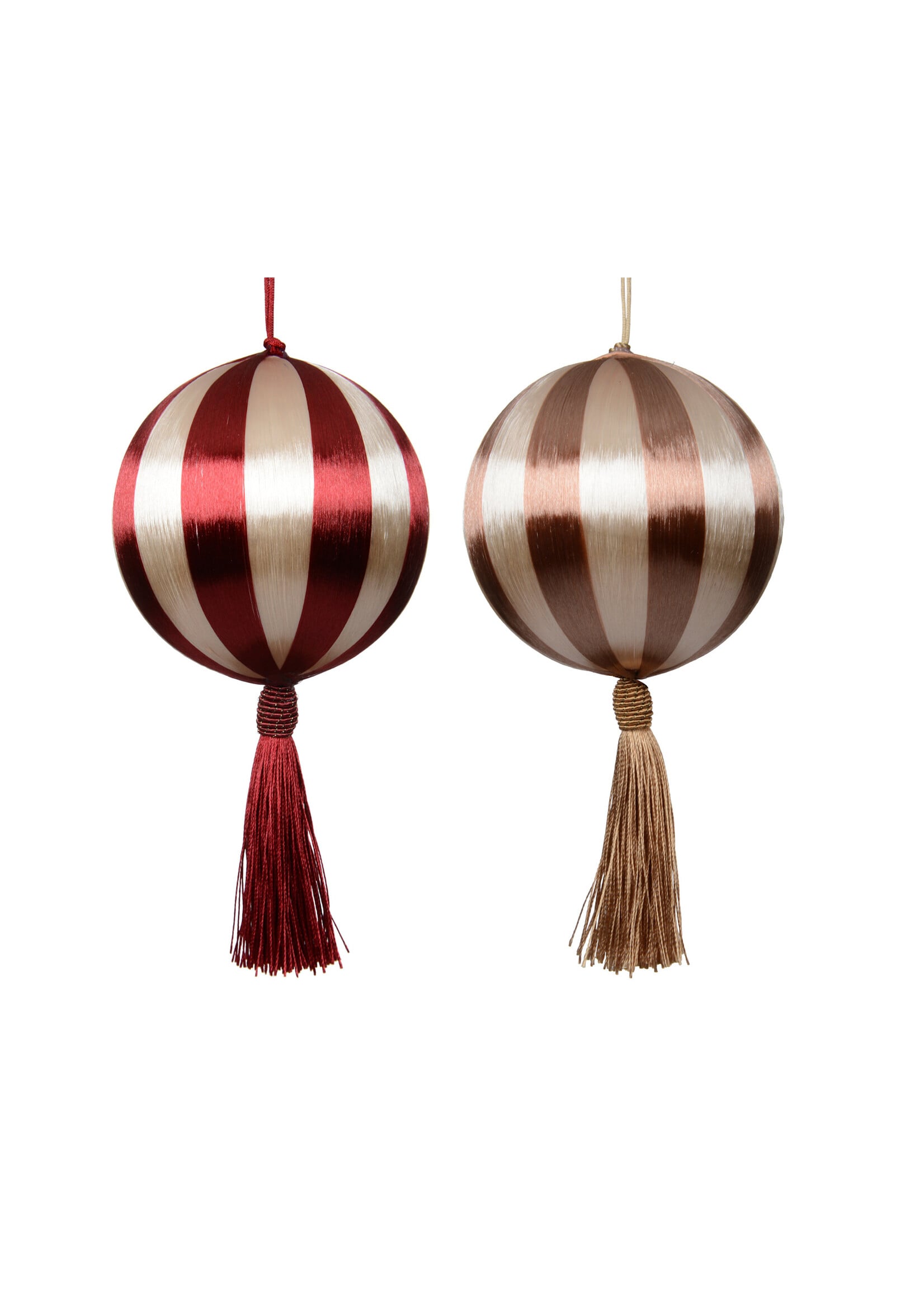 Decoris Brown and Cream Striped Satin String Bauble With Tassel 10cm
