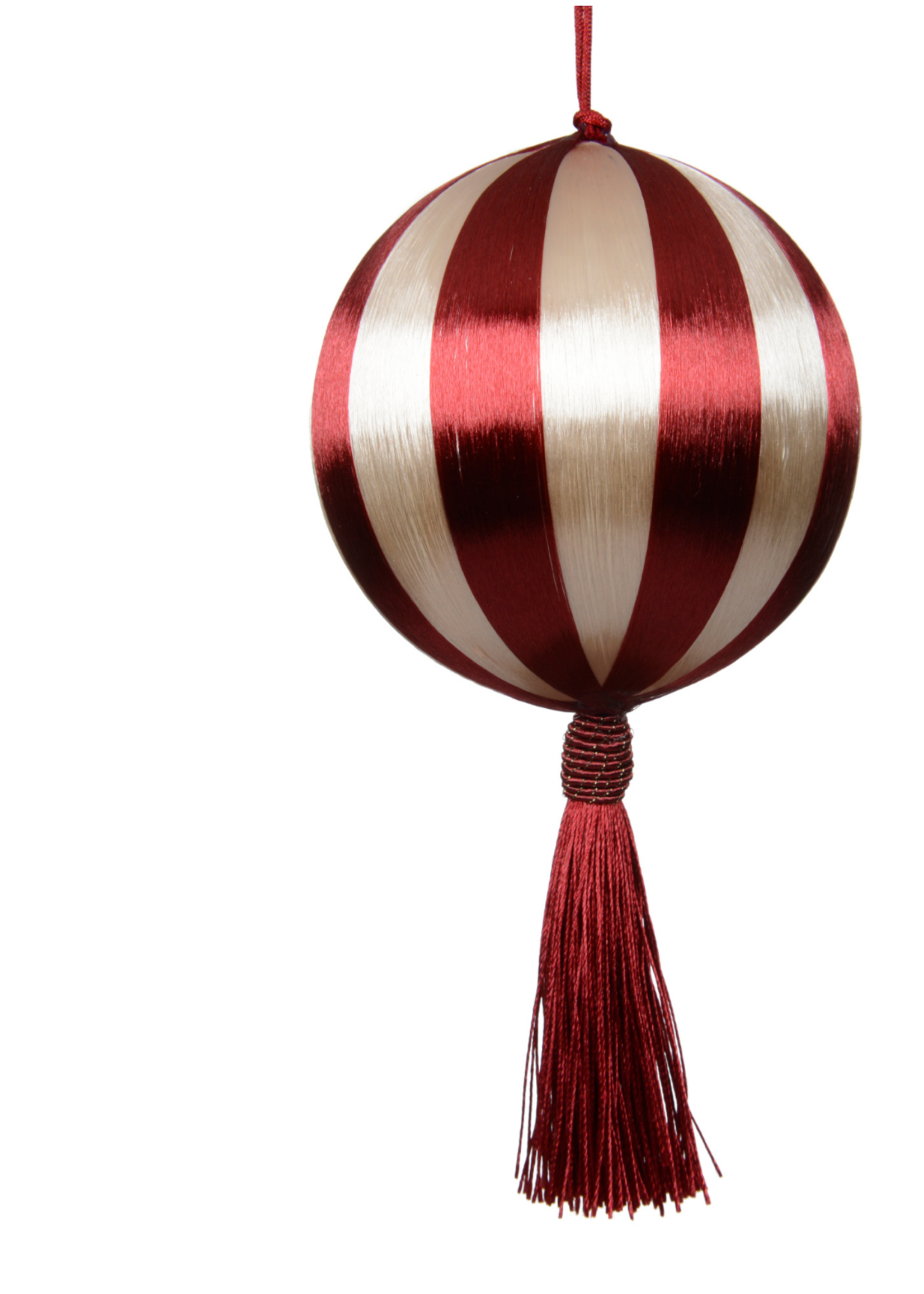 Decoris Red and Cream Striped Satin String Bauble With Tassel 10cm