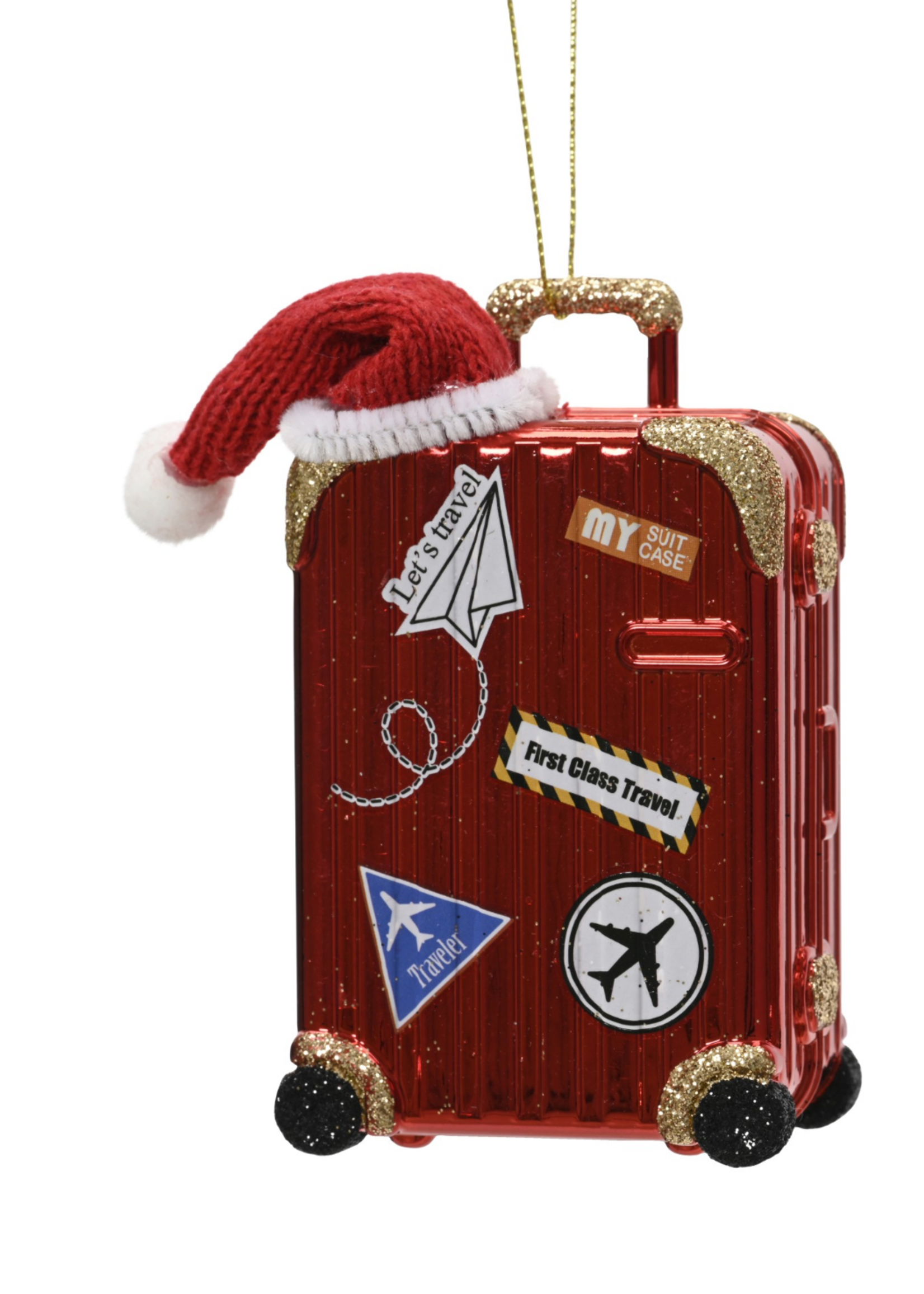 Decoris Suitcase Metal Style  With Travel Stickers Bauble Red 10cm