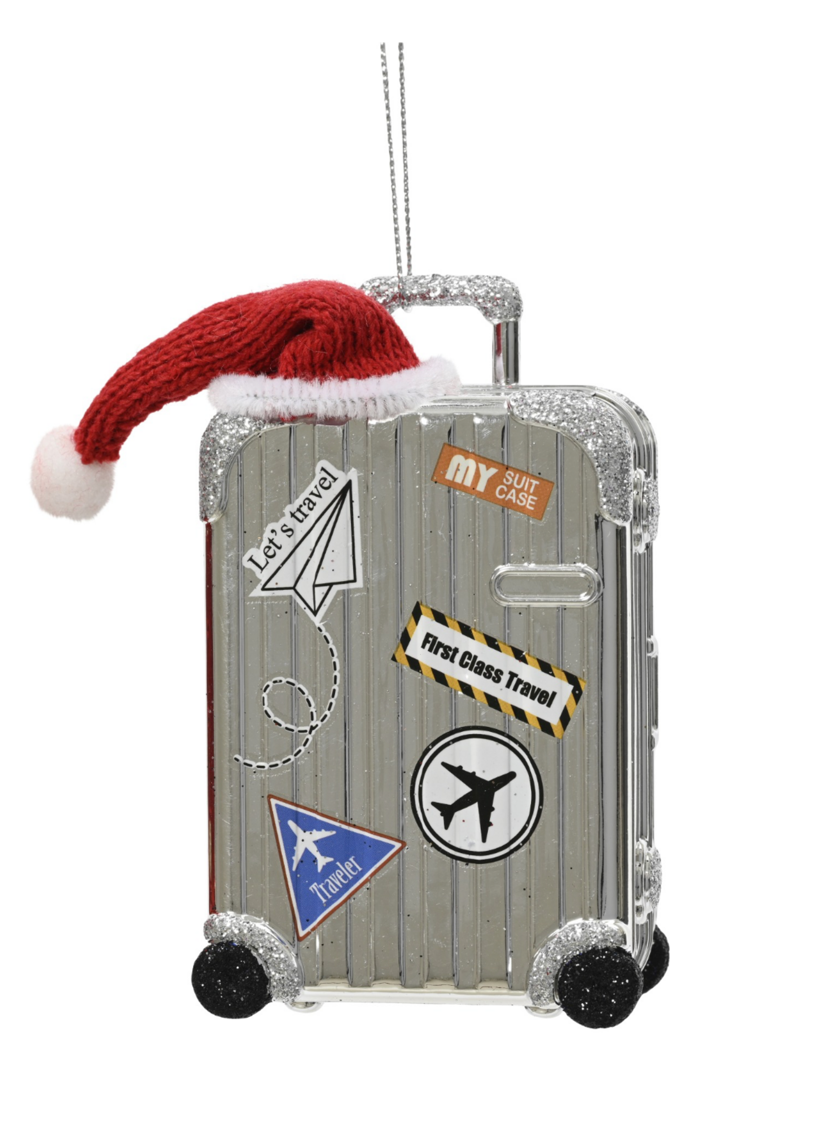 Decoris Chrome Metal Style Suitcase With Travel Stickers Bauble 10cm