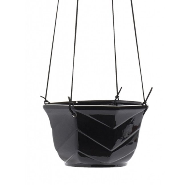 Pot vor hanging, black w. leather cord