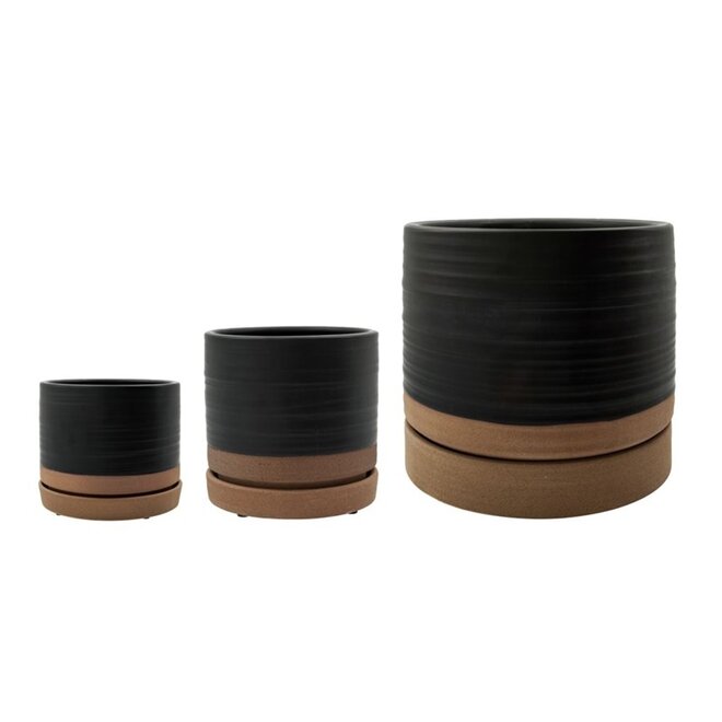 Planter w. saucer, Astu, Black/Natural set of 3