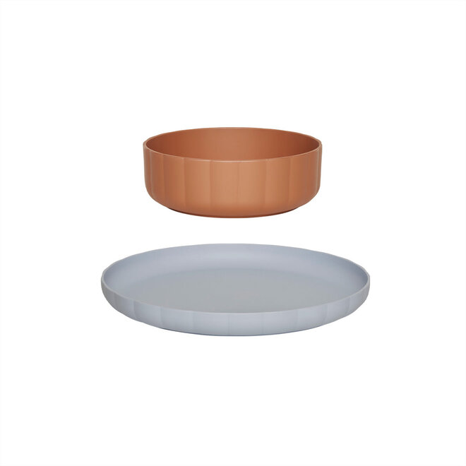 Pullo Plate & Bowl iceblue-caramel set of 2