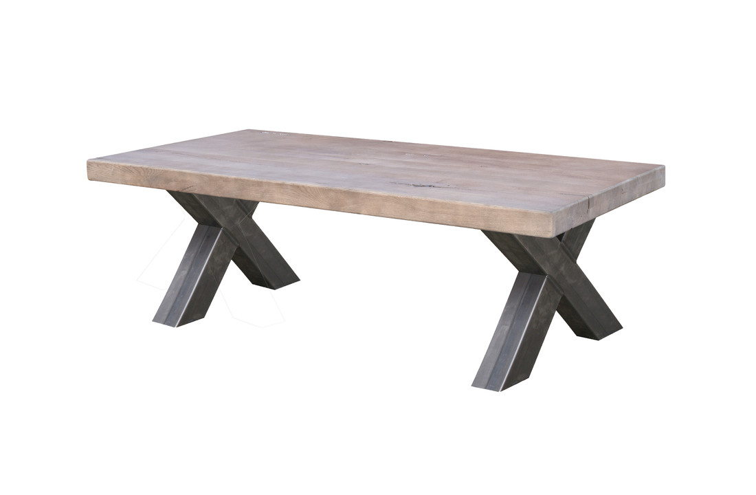 Rechthoek massief eiken Salontafel met stalen X poten - 10x10- Idink