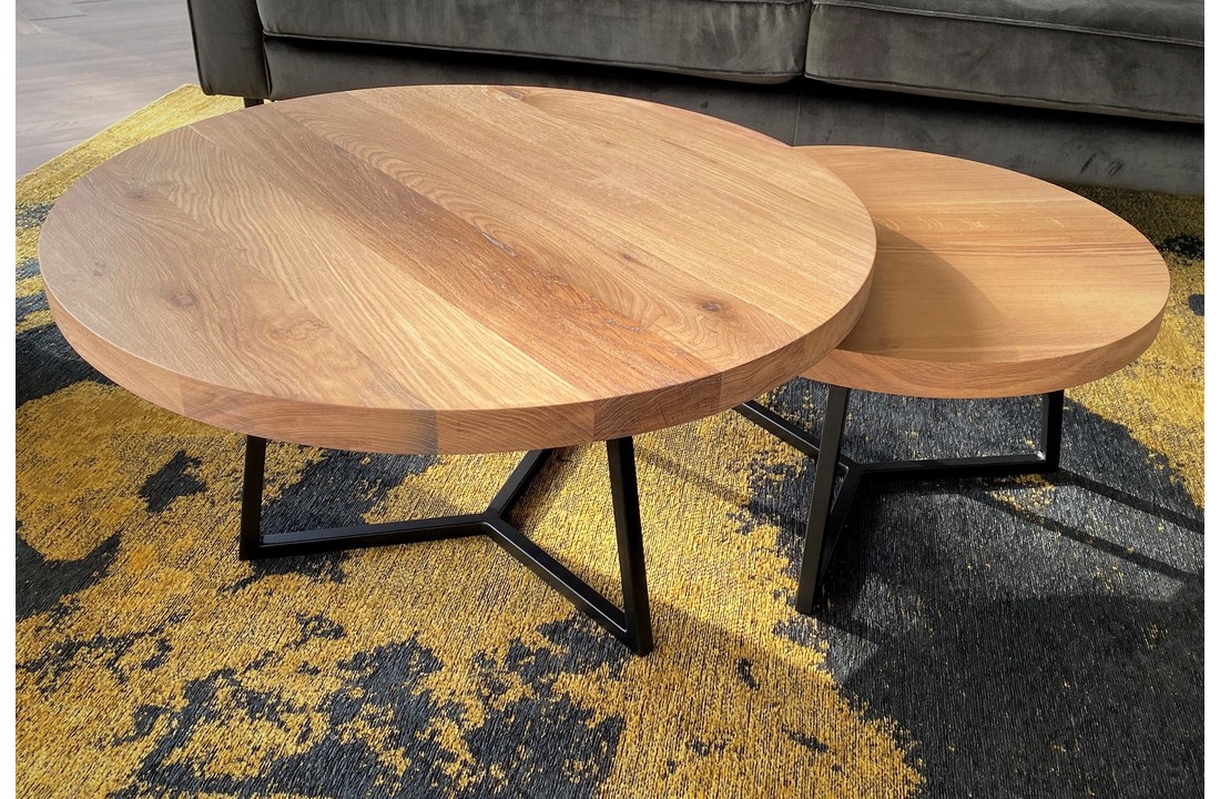 Ronde Massief Eiken Salontafel set met stalen 3 poot onderstel | 60 en 80 cm | Annabel