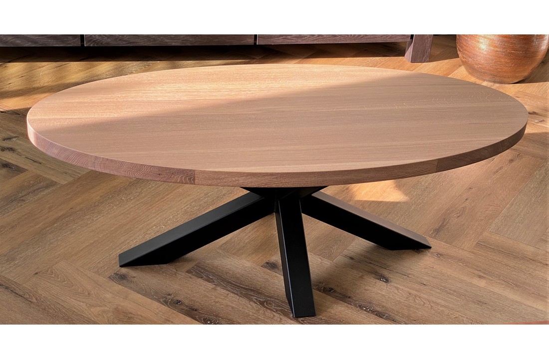 Salontafel ovaal eiken met zwarte stalen 3D matrix kruispoot | 130x65x42 cm