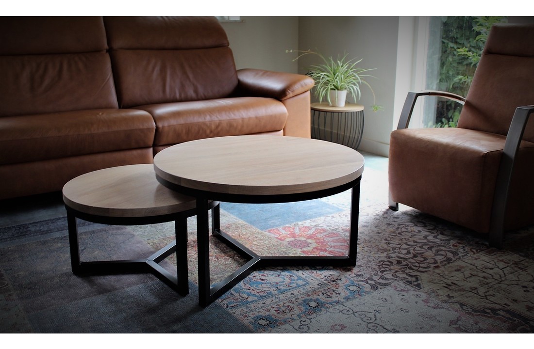Ronde eiken salontafel set met zwart stalen frame | 60 en 80 cm | Seesing