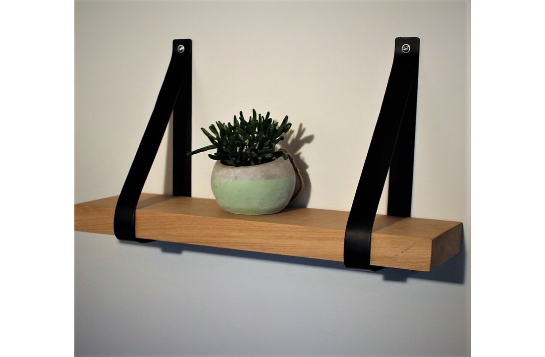 Massief Eiken Wandplank met Zwarte Leren plankdragers