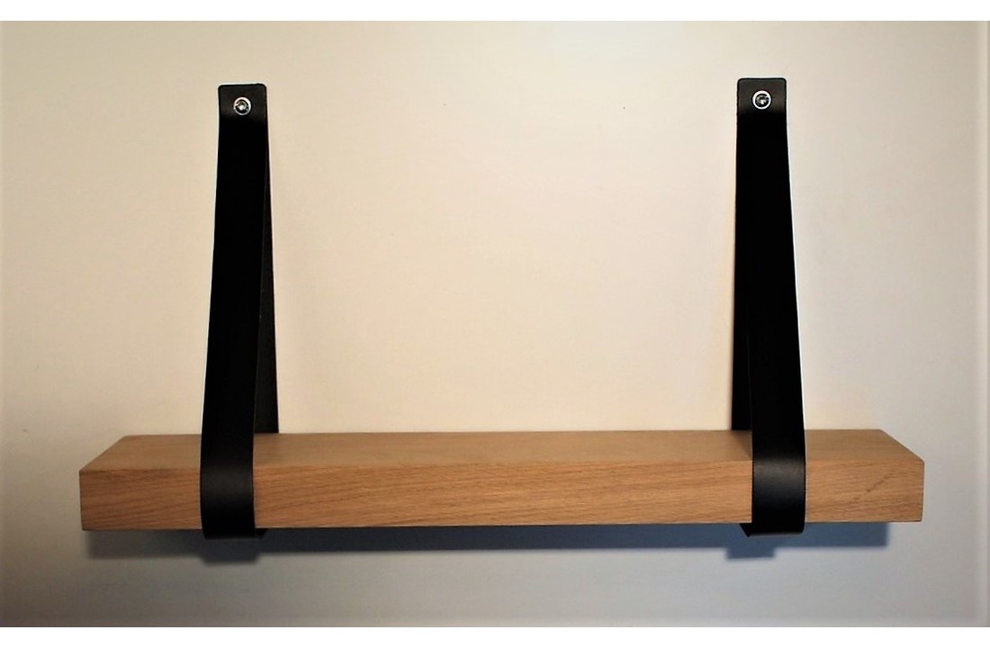 Massief Eiken Wandplank met Zwarte Leren plankdragers