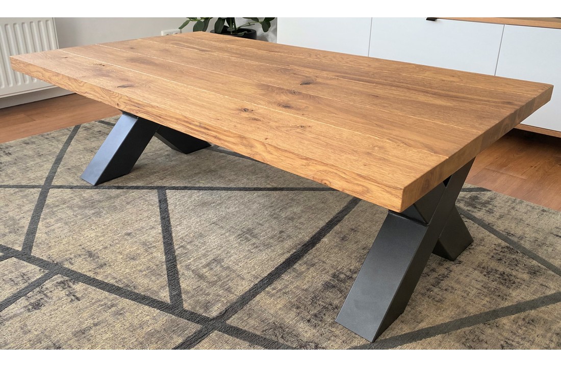 Rechthoek massief eiken Salontafel met stalen X poten - 10x10- Idink