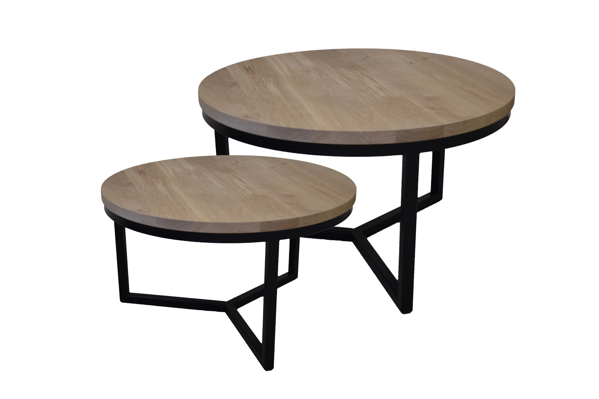 Landelijk Zorgvuldig lezen patroon Ronde eiken salontafel set met zwart stalen frame | 60 en 80 cm | - Steiken  meubelen