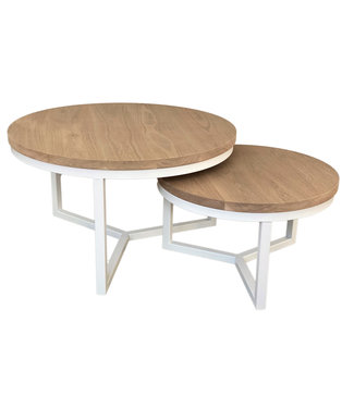 Ronde eiken salontafel set met wit stalen | 60 en 80 cm | - Steiken meubelen