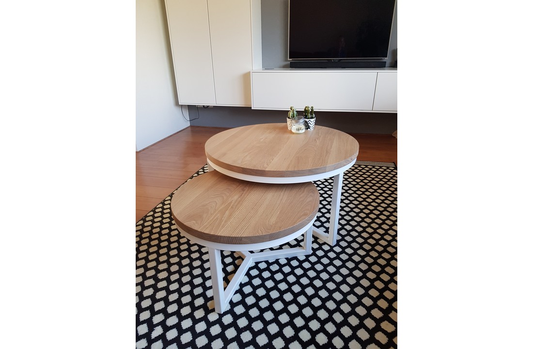 Ronde eiken salontafel set met witte stalen onderstellen | 60 en 80 cm | Seesing