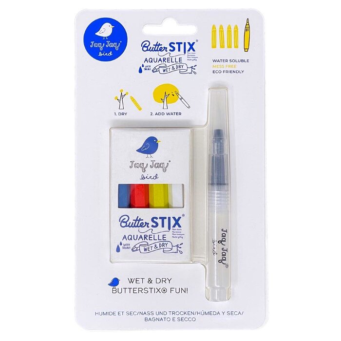 JAQ JAQ BIRD AQUAREL PENSEELPEN + AQUARELKRIJTJES SET VAN 4