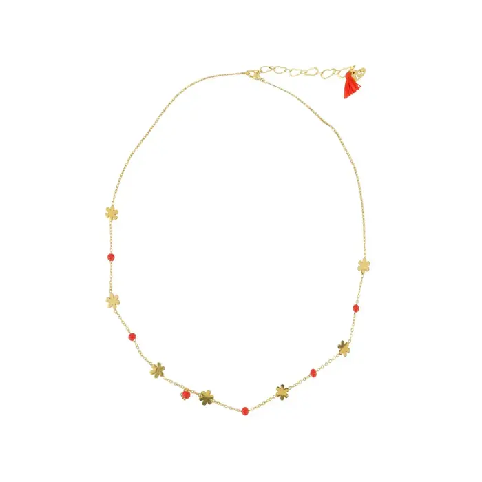 ZUSSS ZUSSS KETTING MET BLOEM KRALEN ORANJEROOD/GOUD