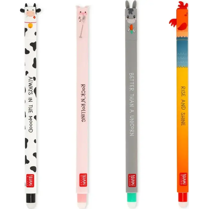 LEGAMI LEGAMI FARM SWEET FARM SET OF 4 ERASABLE GEL PENS (COW, PIGGY, DONKEY, ROOSTER)