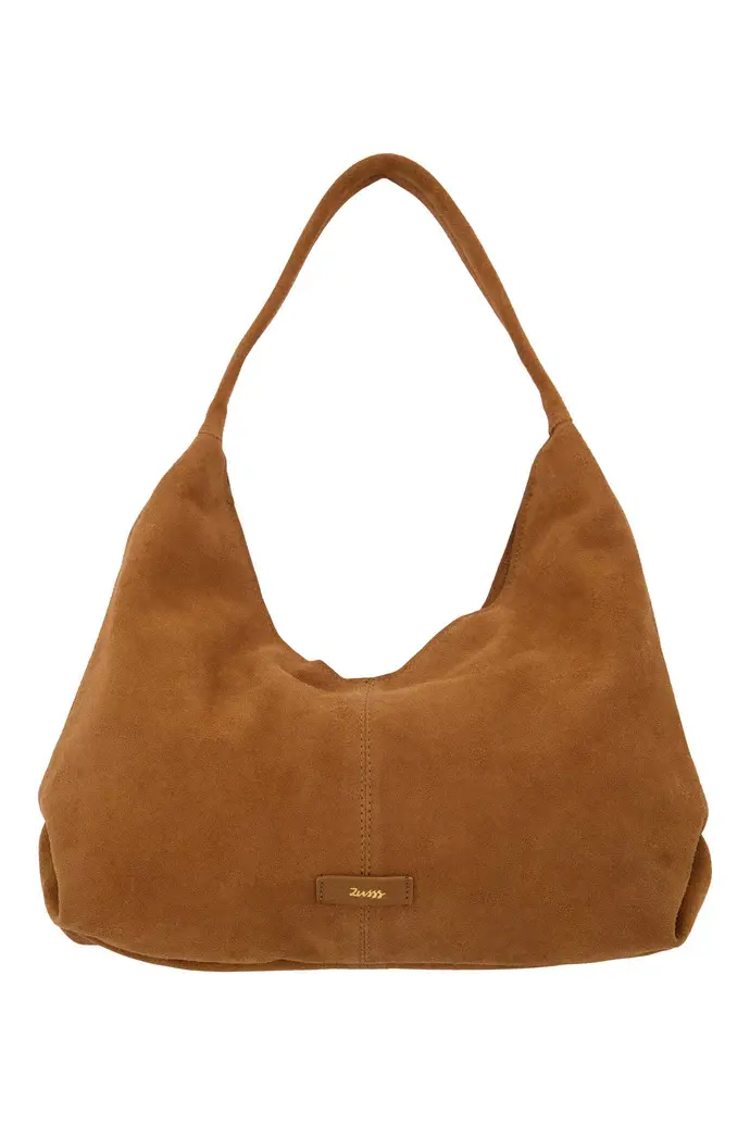ZUSSS ZUSSS SUEDE HANDTAS MET LOGO COGNAC