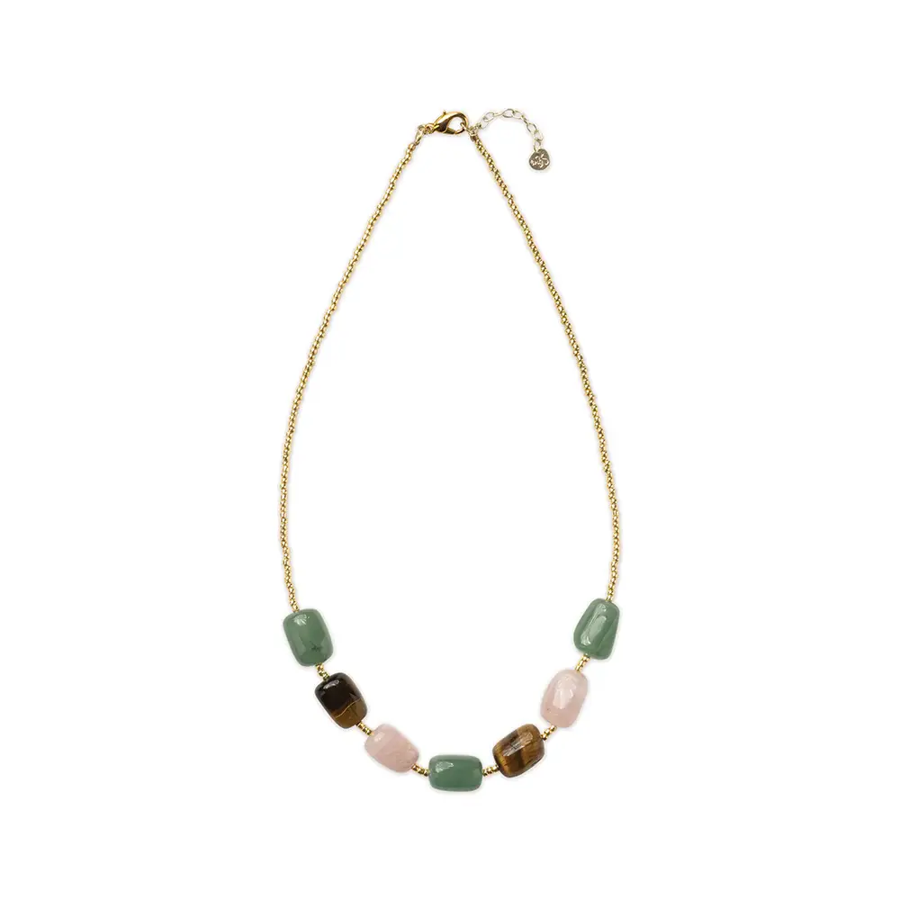 A BEAUTIFUL STORY BS THRIVE AVENTURINE TIGER EYE ROSE QUARTZ NECKLACE