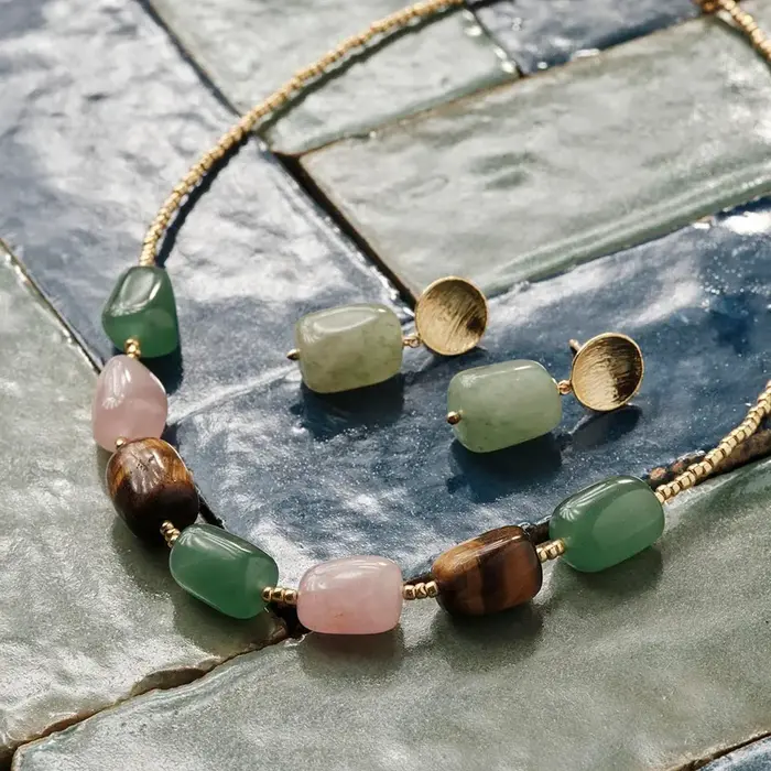 A BEAUTIFUL STORY BS THRIVE AVENTURINE TIGER EYE ROSE QUARTZ NECKLACE