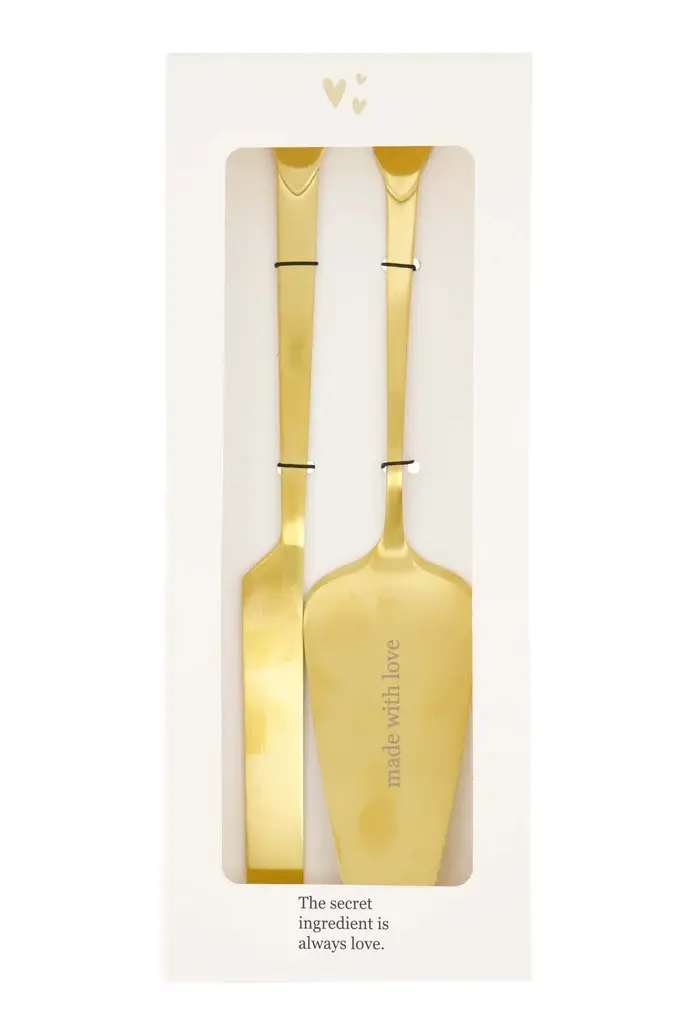 ZUSSS ZUSSS CAKE SERVER AND KNIFE MADE WITH LOVE HEART GOLD GOLD