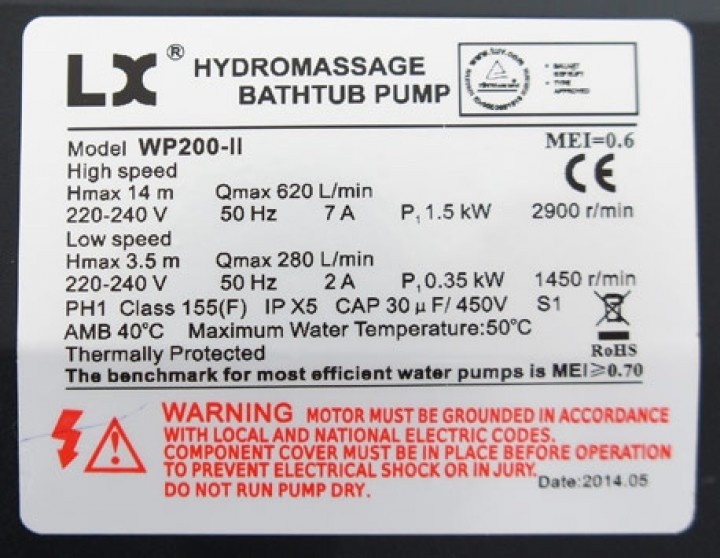 LX WP200-II Massage Pomp 2-spd 2,0hp