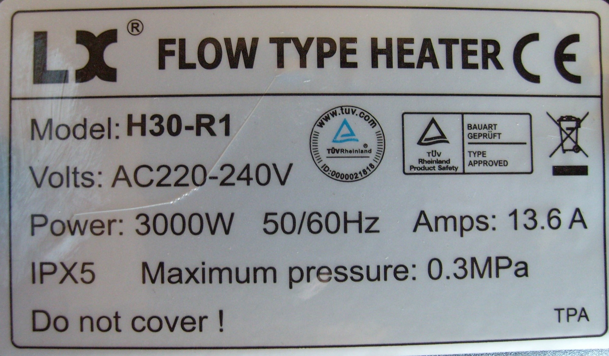 LX H30-R1 3.0KW 1.5 inch Spa Heater (recht model)