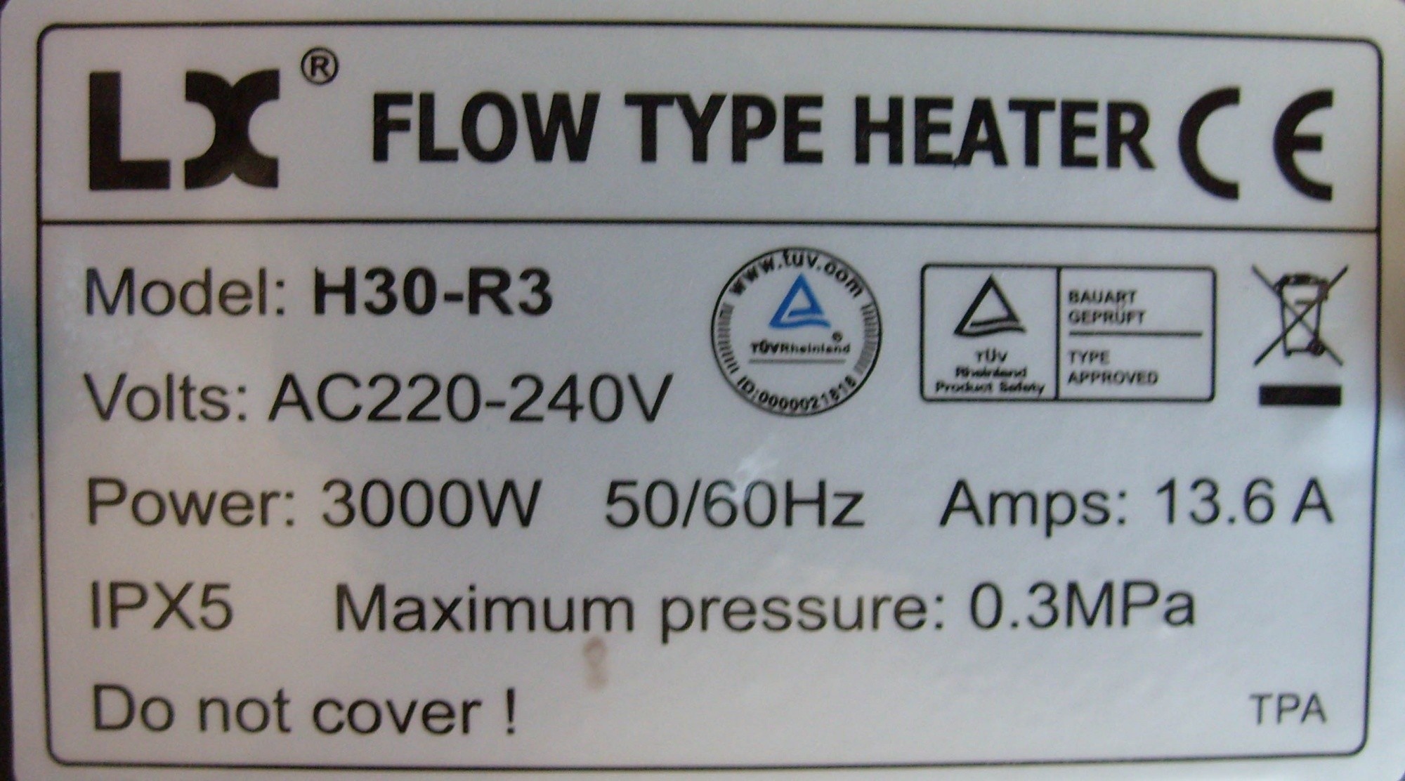 LX H30-R3 3.0KW 1.5 inch Spa heater (T-Vorm)