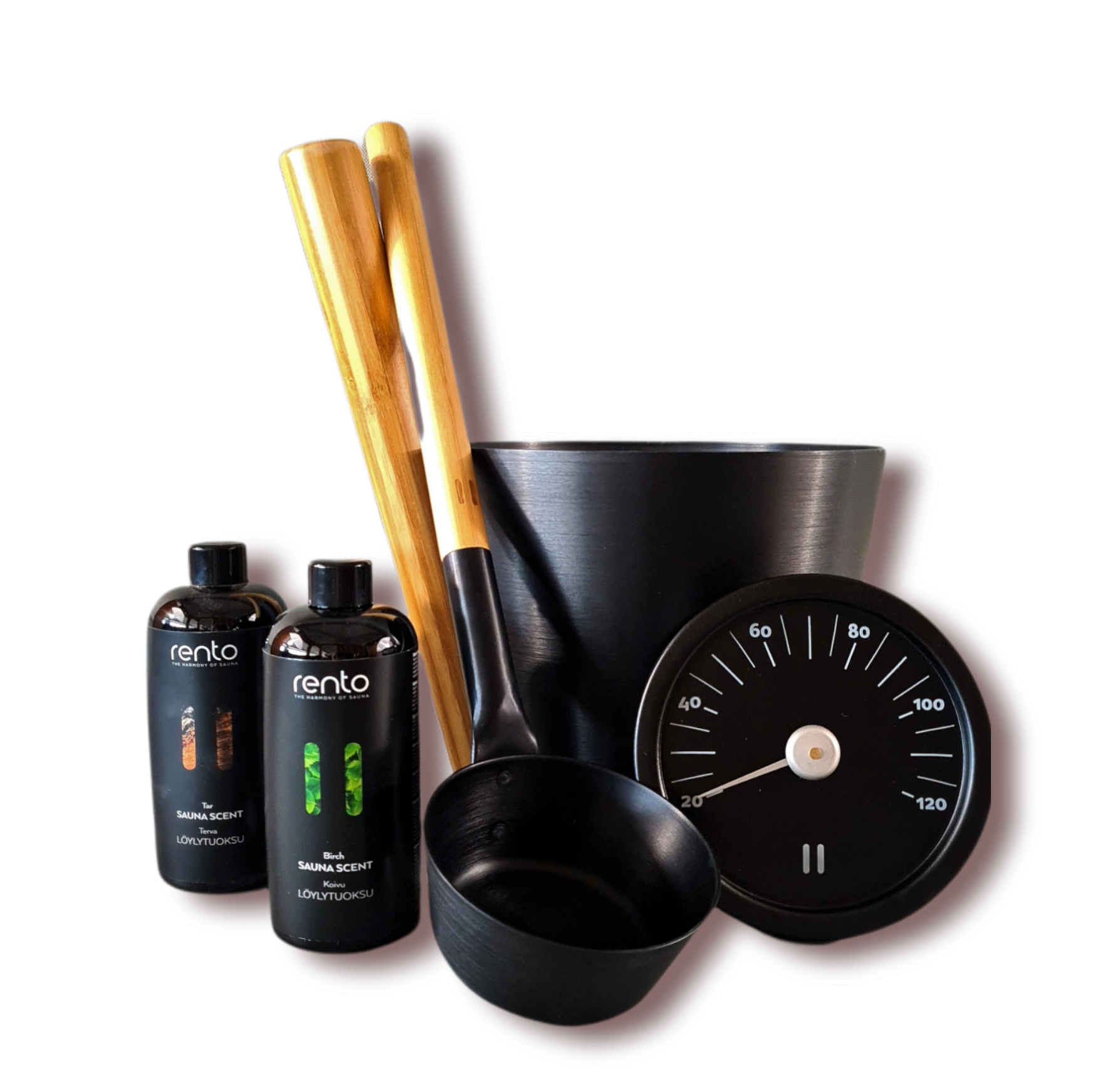 Cadeau set  Sauna emmer zwart bamboe thermometer