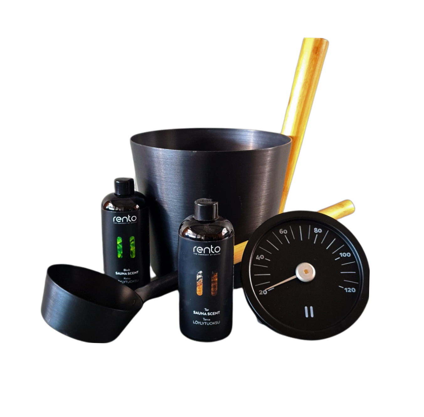 Cadeau set  Sauna emmer zwart bamboe thermometer