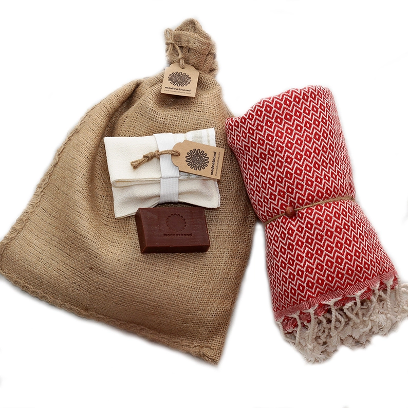 Hammam Sauna Handdoek Cadeauset Kristal Rood
