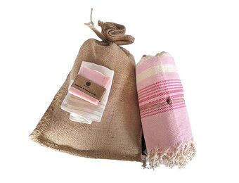 Hammam Sauna Handdoek Cadeauset Gestreept Roze