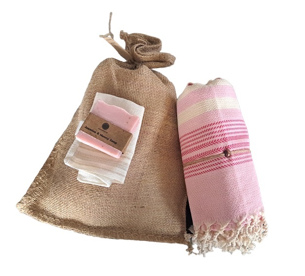Hammam Sauna Handdoek Cadeauset Gestreept Roze