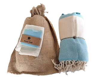Hammam Sauna Handdoek Cadeauset Visgraat Blauw