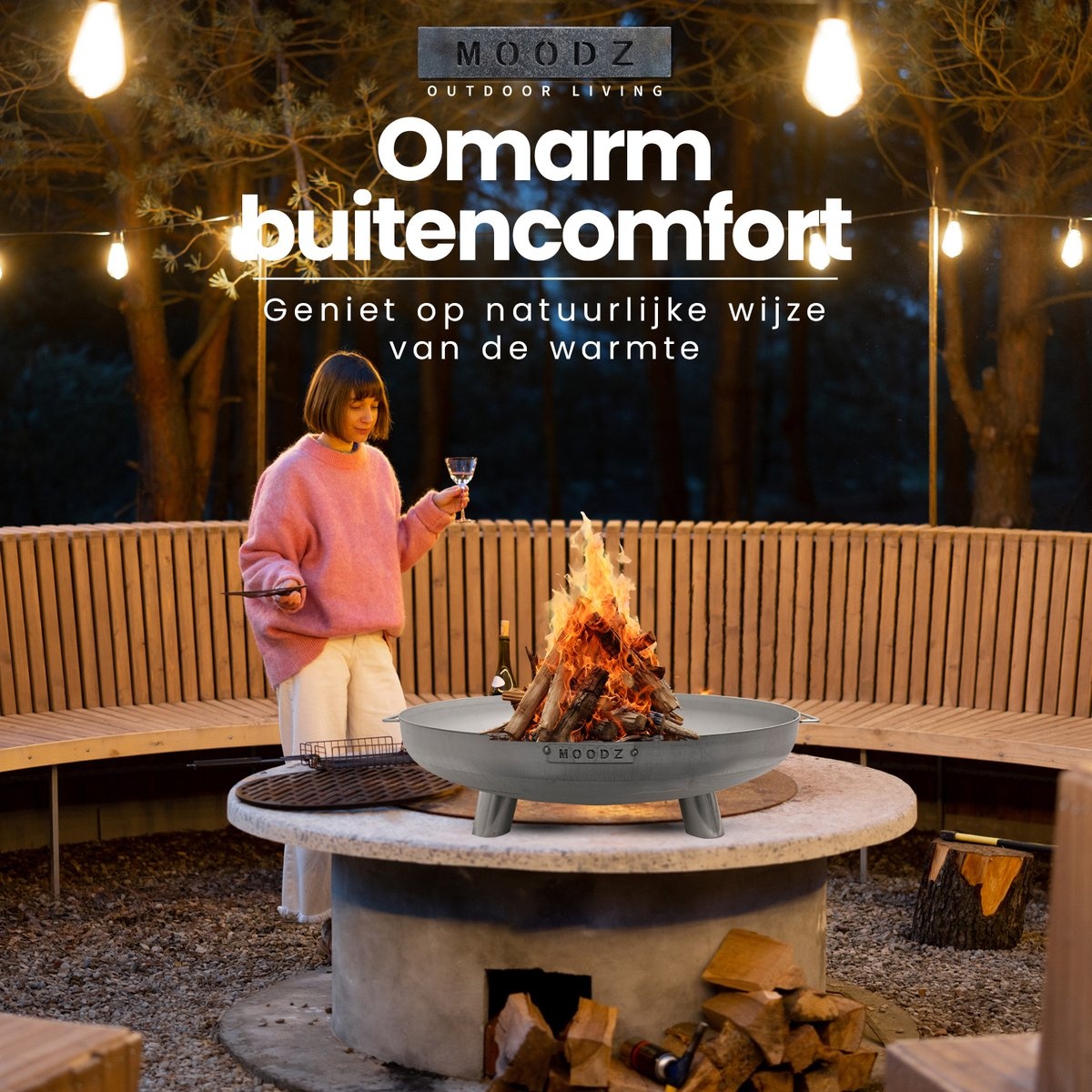 MOODZ vuurschaal met voet en hendel RVS