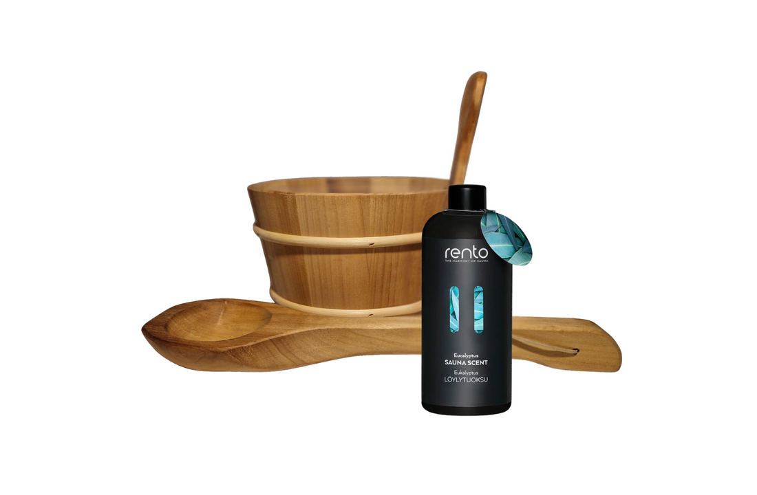 Rento Houten Sauna emmer, lepel en 500 ml Eucalyptus opgietmiddel - Donker