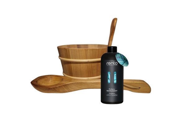 Rento Houten Sauna emmer, lepel en 500 ml Eucalyptus opgietmiddel - Donker