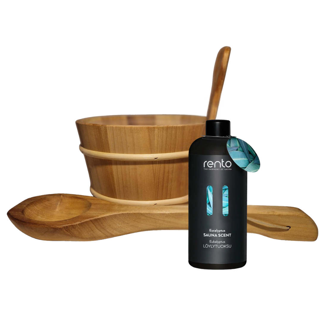 Rento Houten Sauna emmer, lepel en 500 ml Eucalyptus opgietmiddel - Donker