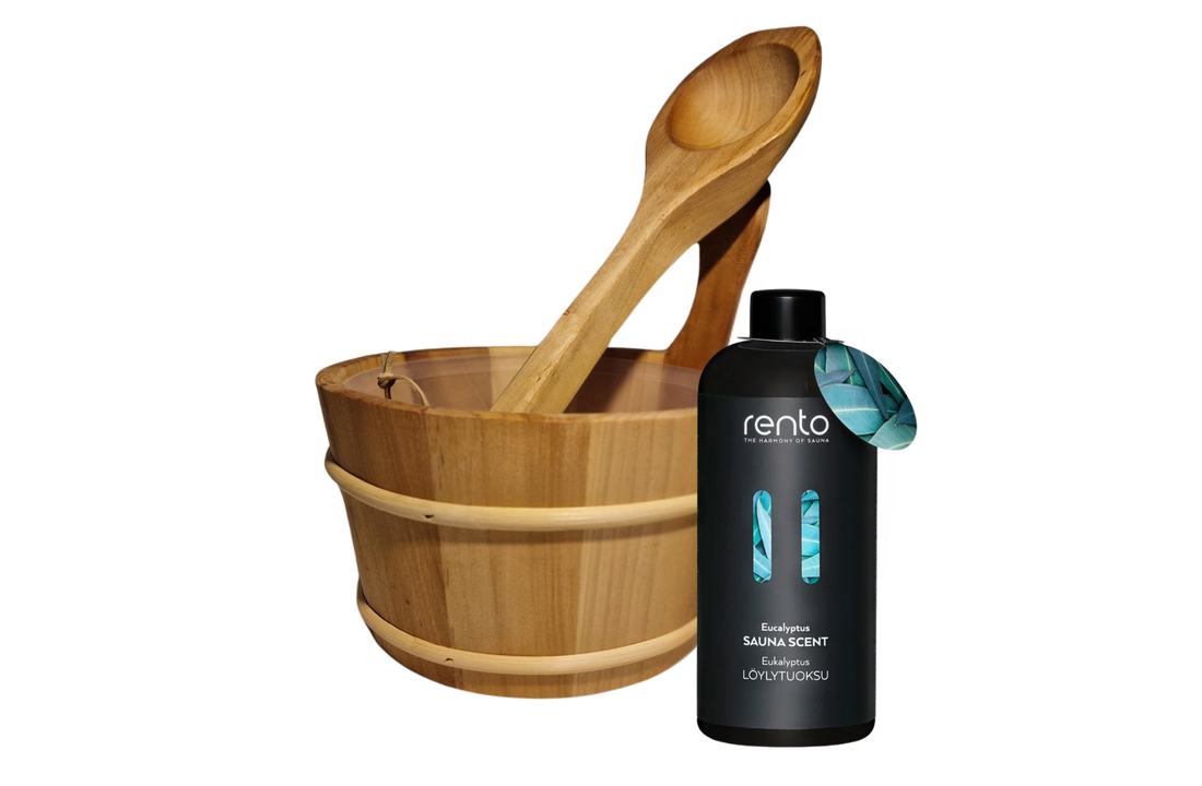 Rento Houten Sauna emmer, lepel en 500 ml Eucalyptus opgietmiddel - Donker