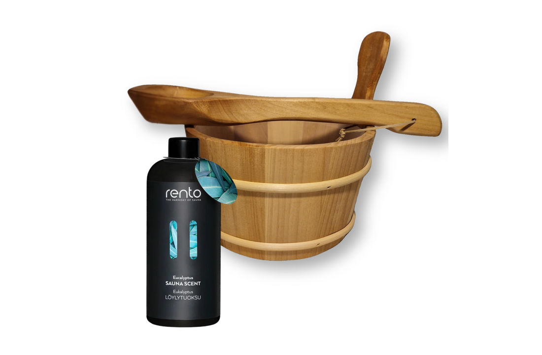 Rento Houten Sauna emmer, lepel en 500 ml Eucalyptus opgietmiddel - Donker
