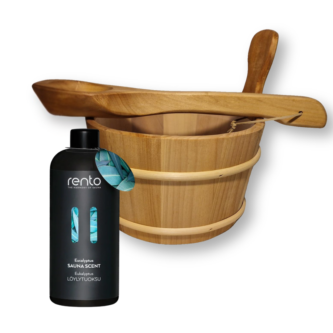 Rento Houten Sauna emmer, lepel en 500 ml Eucalyptus opgietmiddel - Donker
