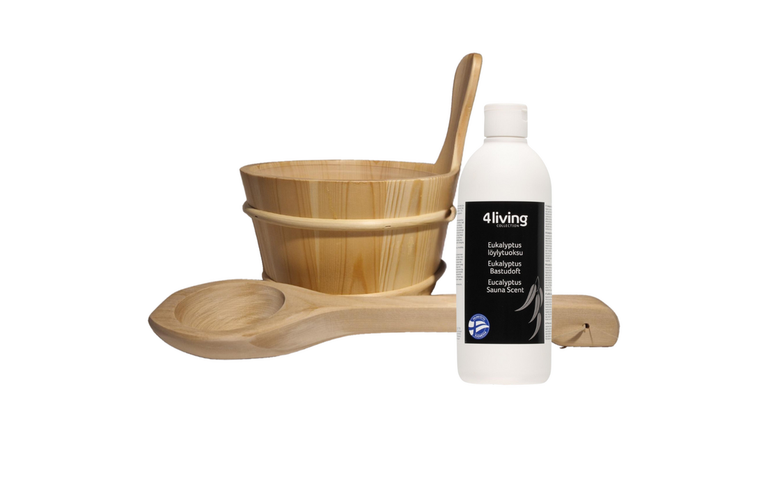 4Living Sauna emmer, lepel en 500 ml Euca opgietmiddel  - Sparren