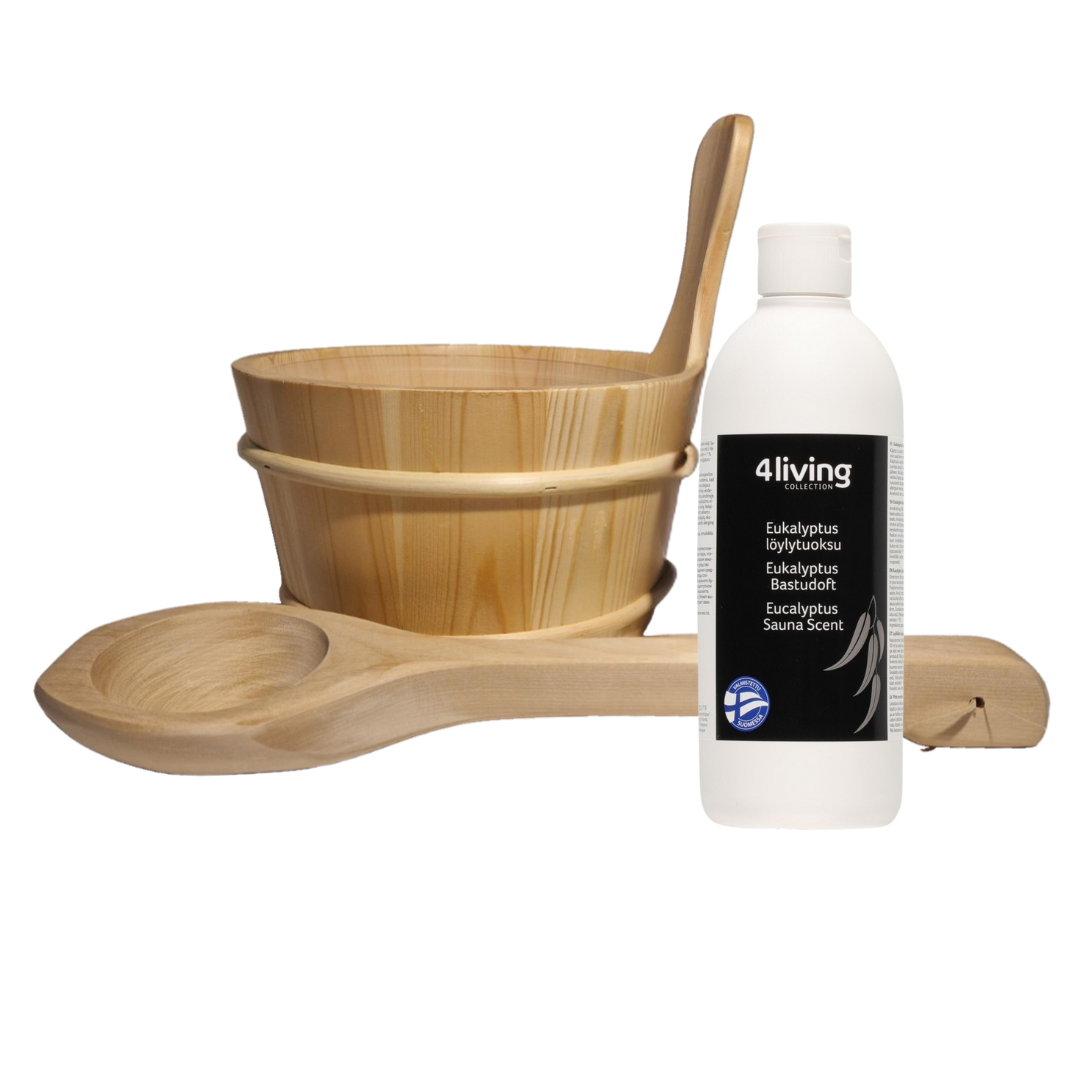 4Living Sauna emmer, lepel en 500 ml Euca opgietmiddel  - Sparren