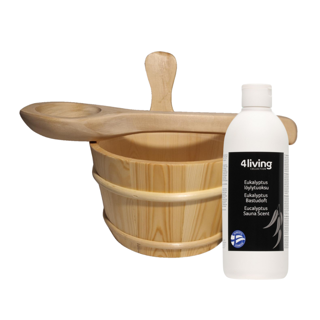 4Living Sauna emmer, lepel en 500 ml Euca opgietmiddel  - Sparren