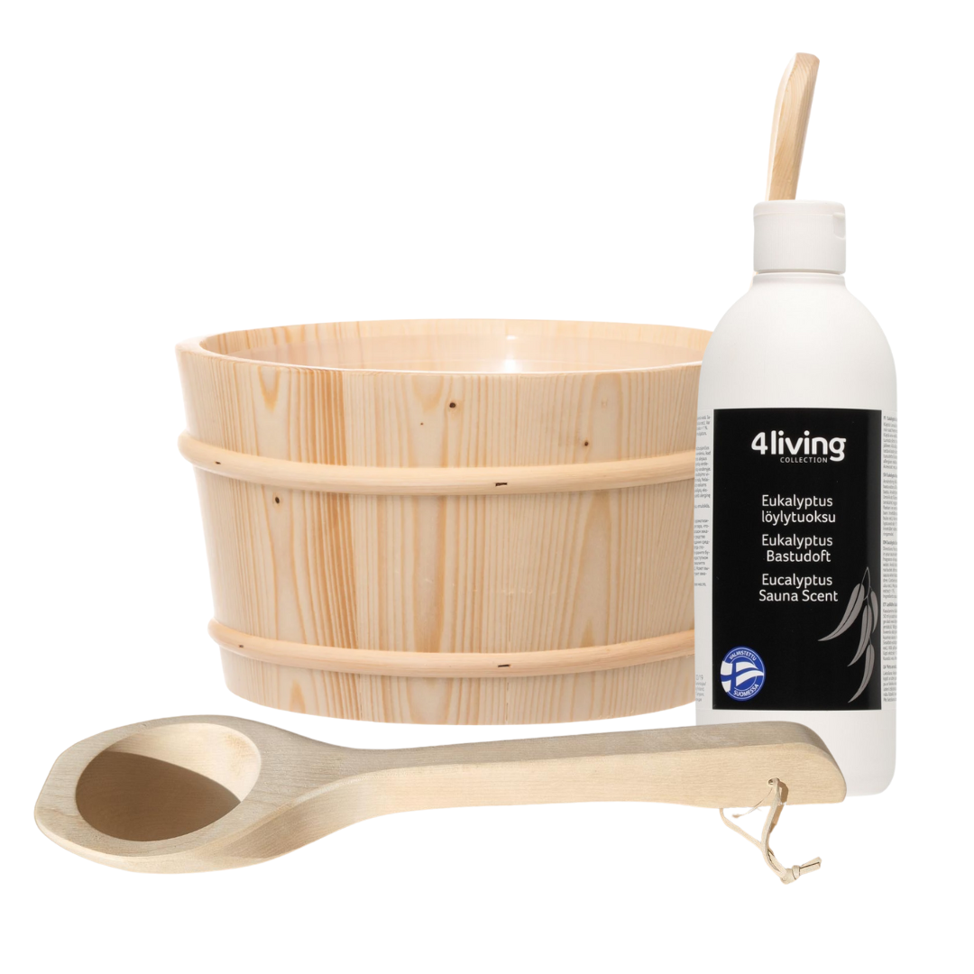 4Living Sauna emmer, lepel en 500 ml Euca opgietmiddel  - Sparren