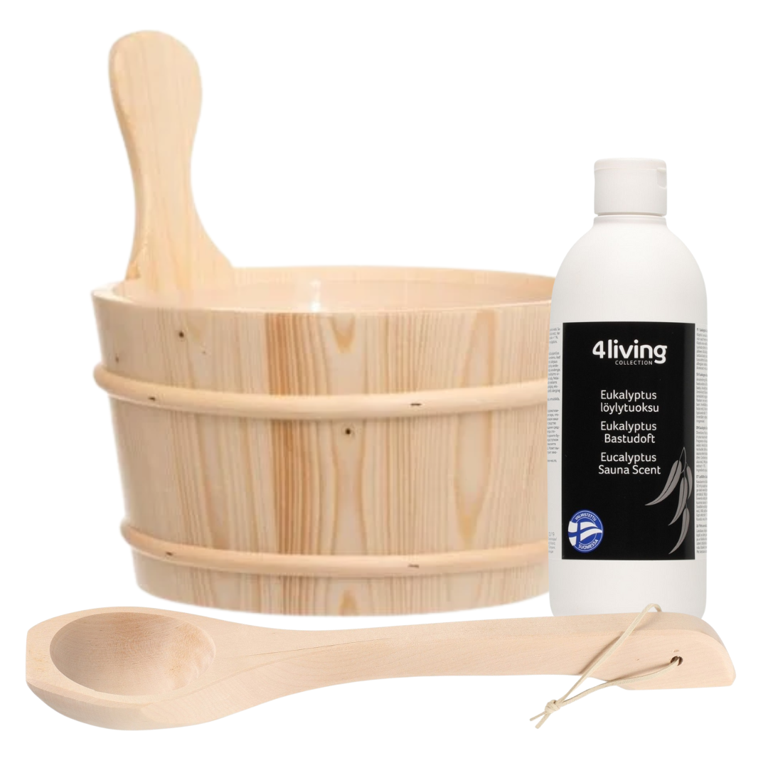 4Living Sauna emmer, lepel en 500 ml Euca opgietmiddel  - Sparren