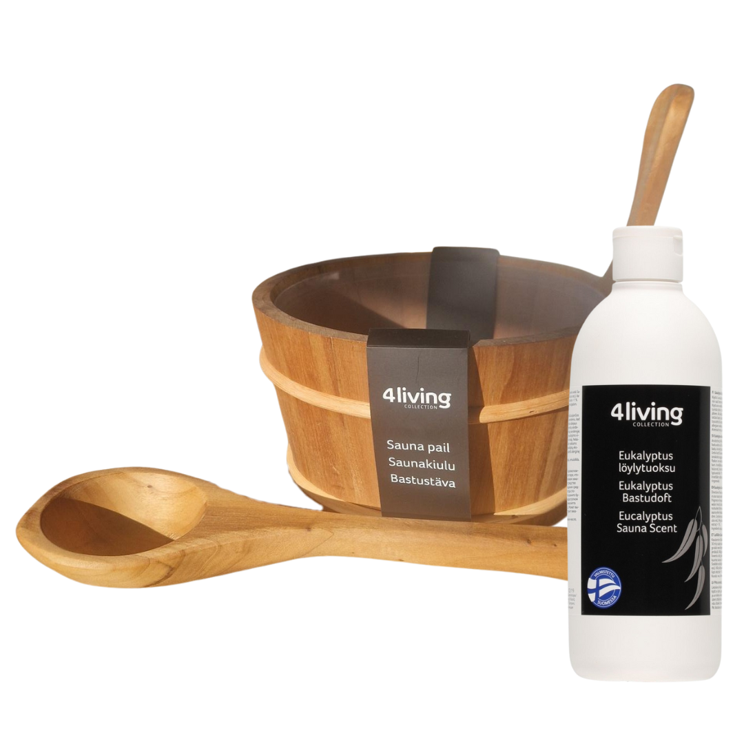 4living Sauna emmer, lepel en 500 ml Eucalyptus opgietmiddel - Elzen